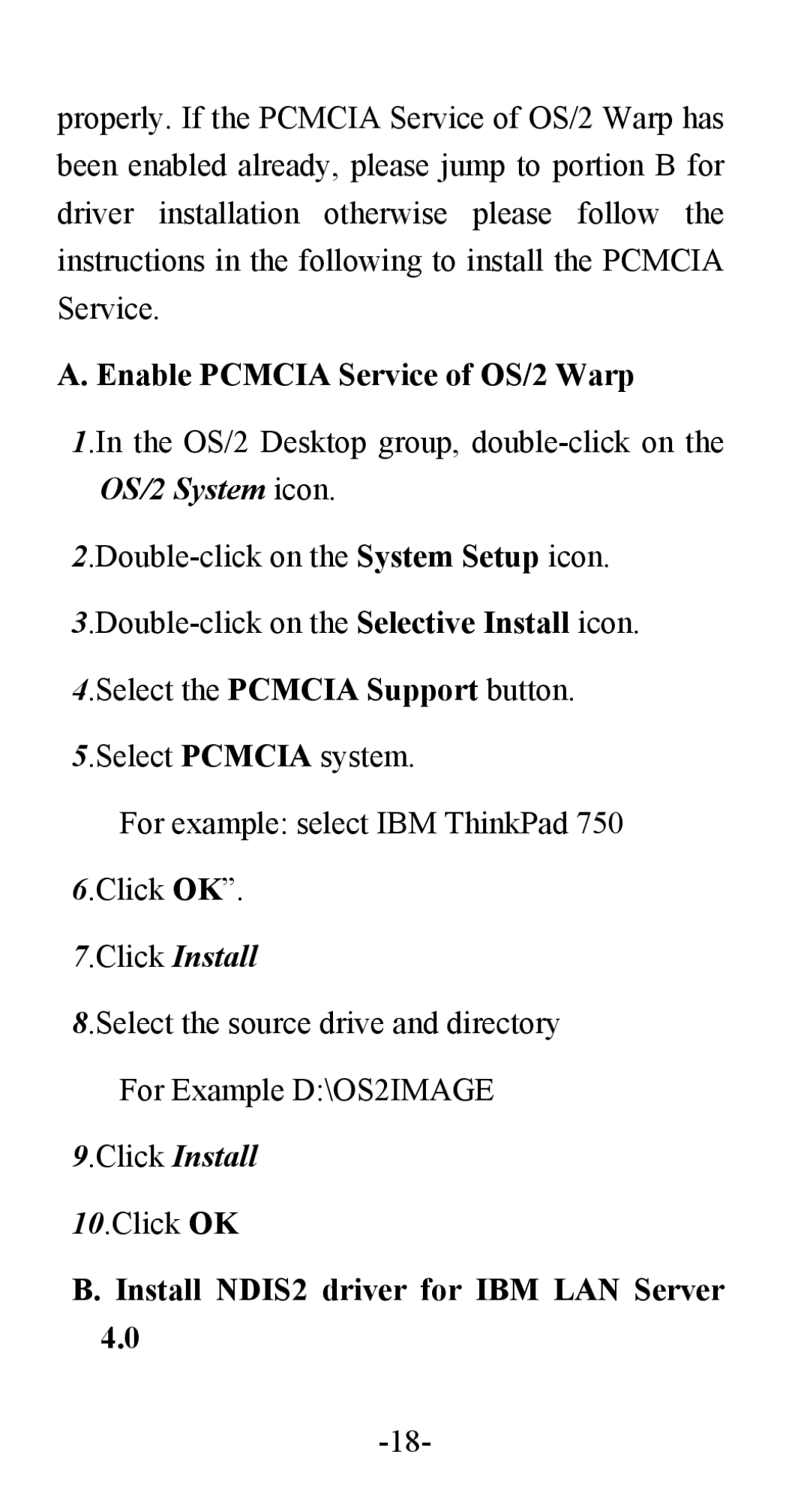 Abocom FE1000 manual Enable Pcmcia Service of OS/2 Warp, Click Install, Install NDIS2 driver for IBM LAN Server 