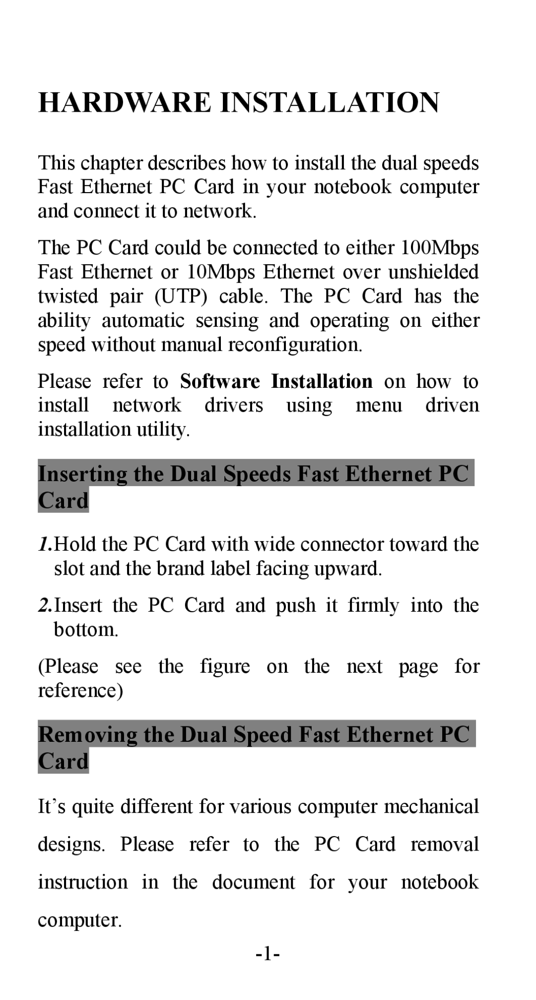 Abocom FE1000 manual Inserting the Dual Speeds Fast Ethernet PC Card, Removing the Dual Speed Fast Ethernet PC Card 