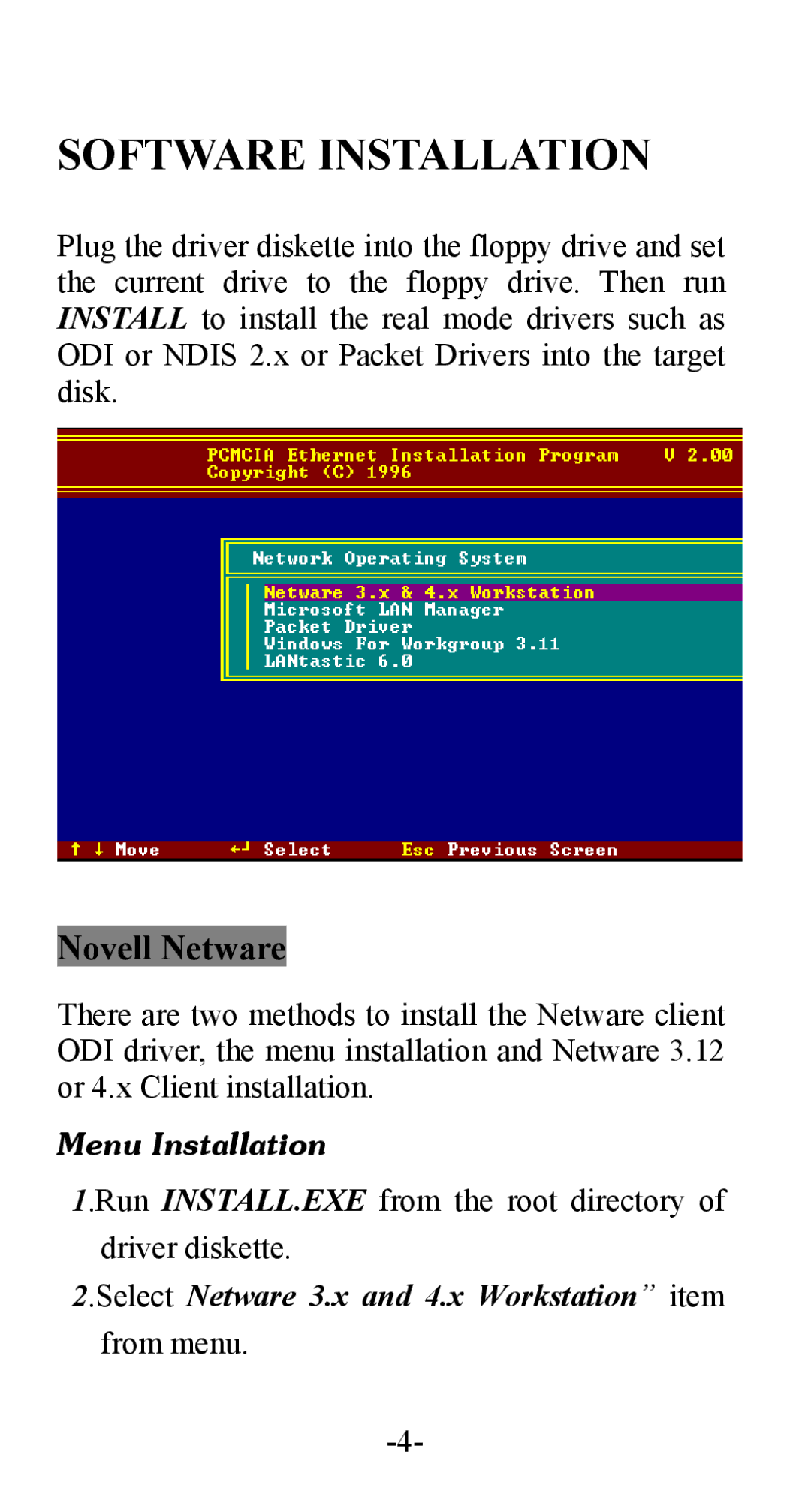 Abocom FE1000 manual Novell Netware, Menu Installation, Select Netware 3.x and 4.x Workstation item 