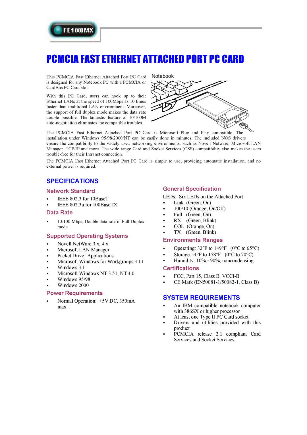 Abocom FE1000MX specifications Pcmcia Fast Ethernet Attached Port PC Card, Specifications, System Requirements 