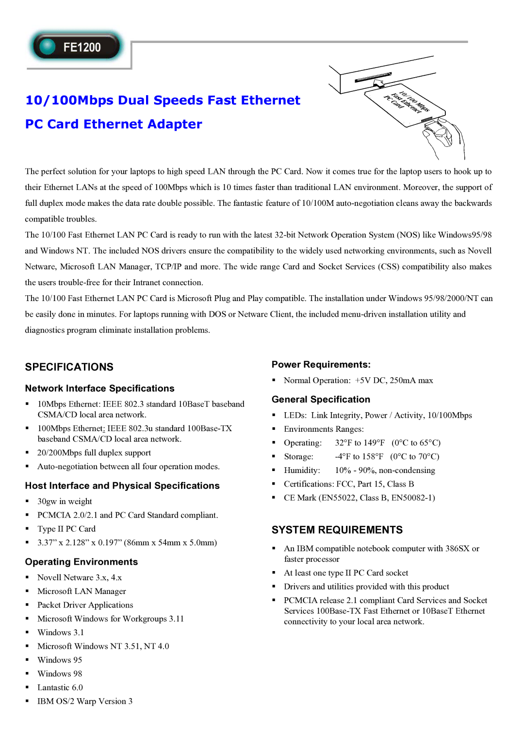 Abocom FE1200 specifications Specifications, System Requirements 