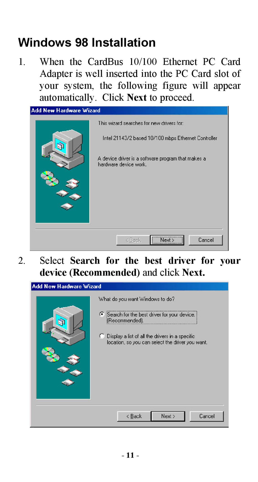 Abocom FE2000 manual Windows 98 Installation 