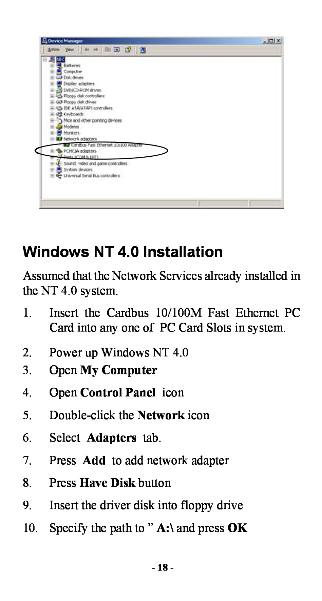 Abocom FE2000 manual Windows NT 4.0 Installation, Open My Computer 4. Open Control Panel icon 