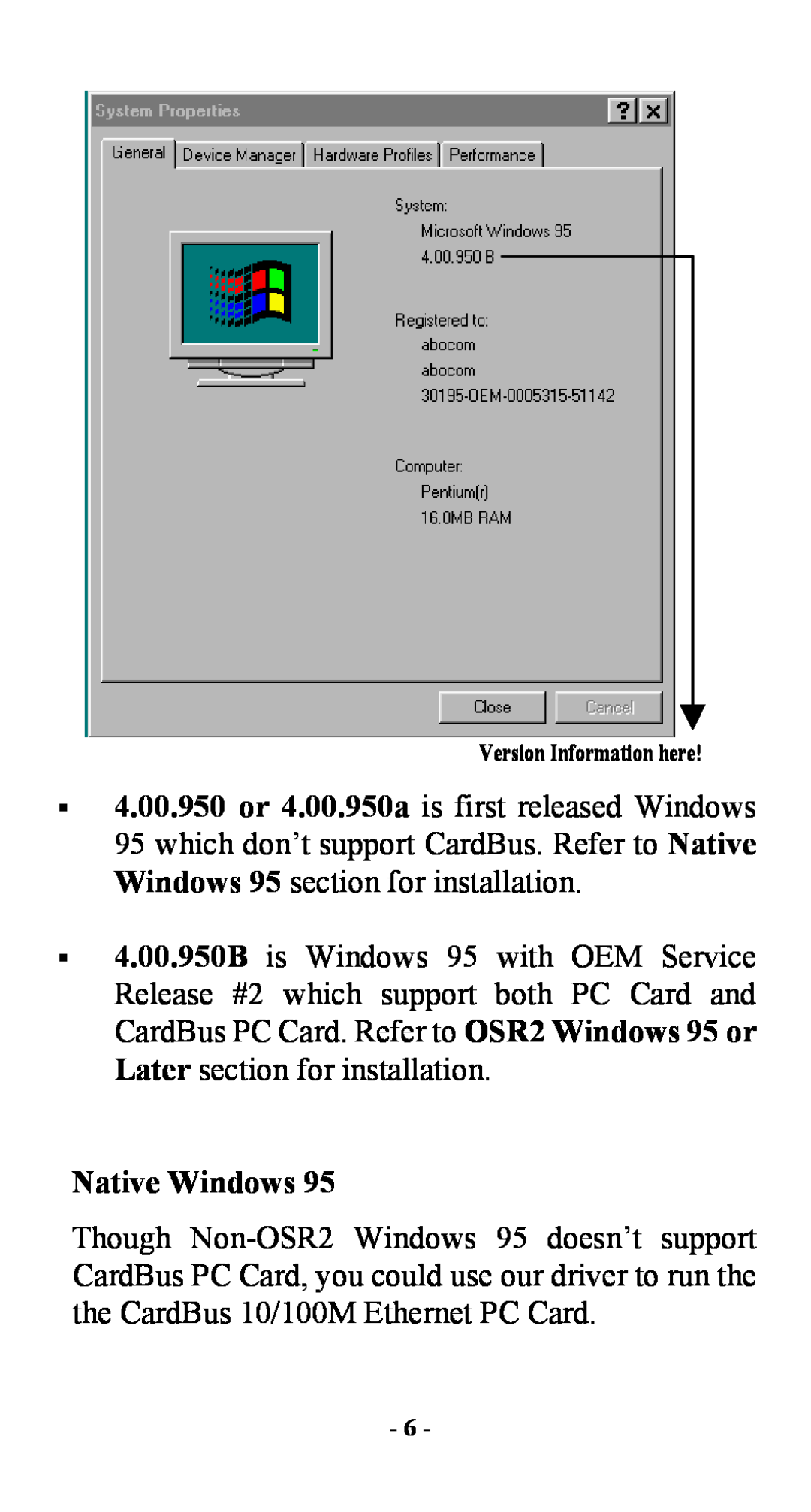Abocom FE2000 manual Native Windows, Version Information here 