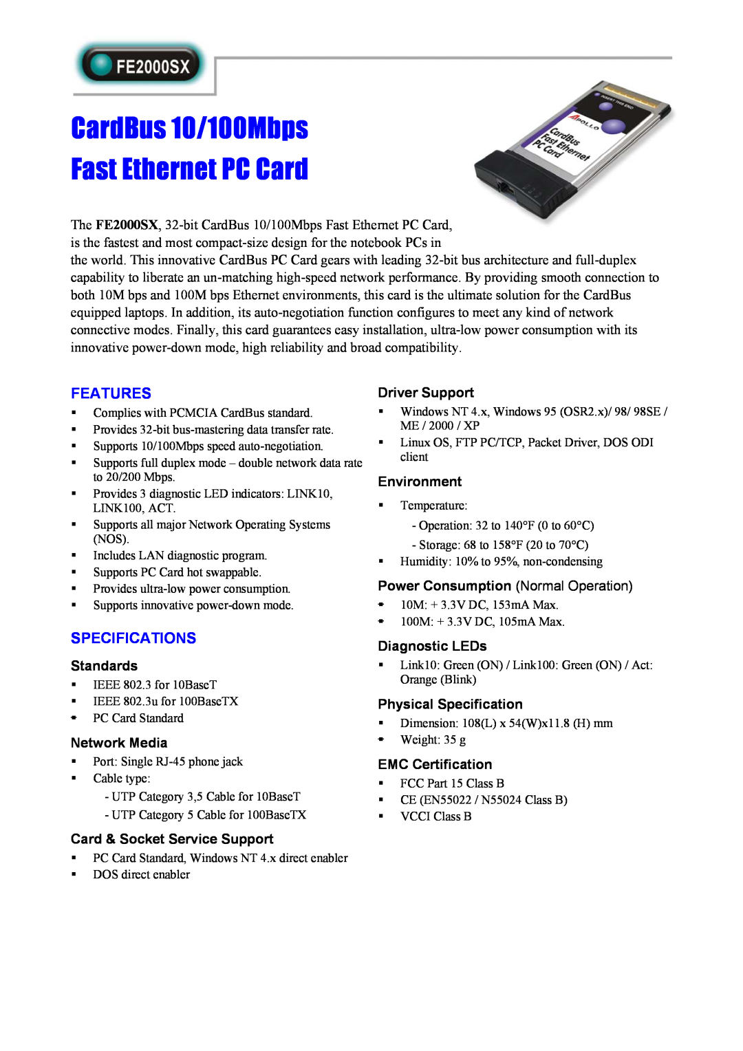 Abocom FE2000SX specifications CardBus 10/100Mbps Fast Ethernet PC Card, Features, Specifications, Driver Support 