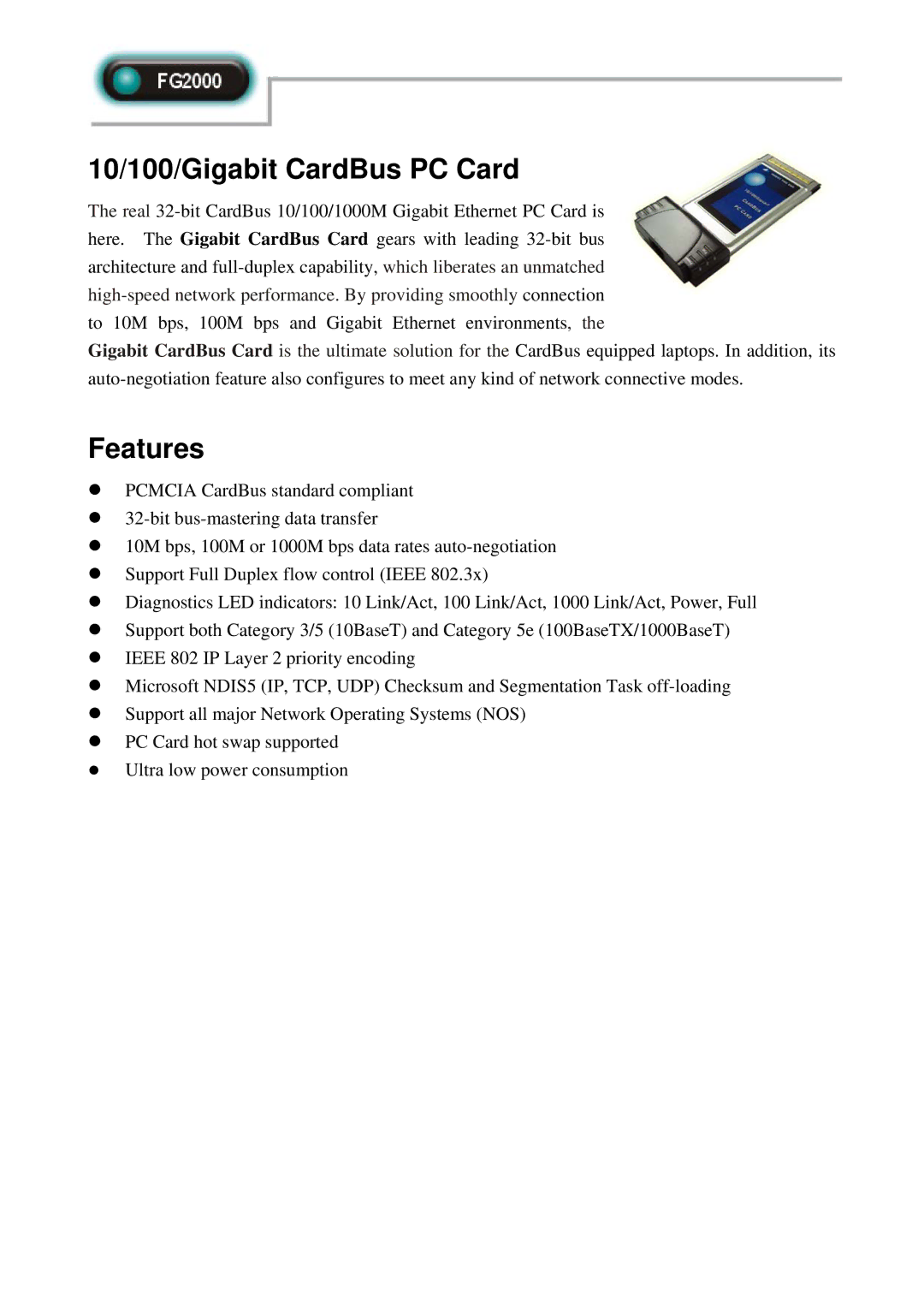 Abocom FG2000 manual 10/100/Gigabit CardBus PC Card, Features 