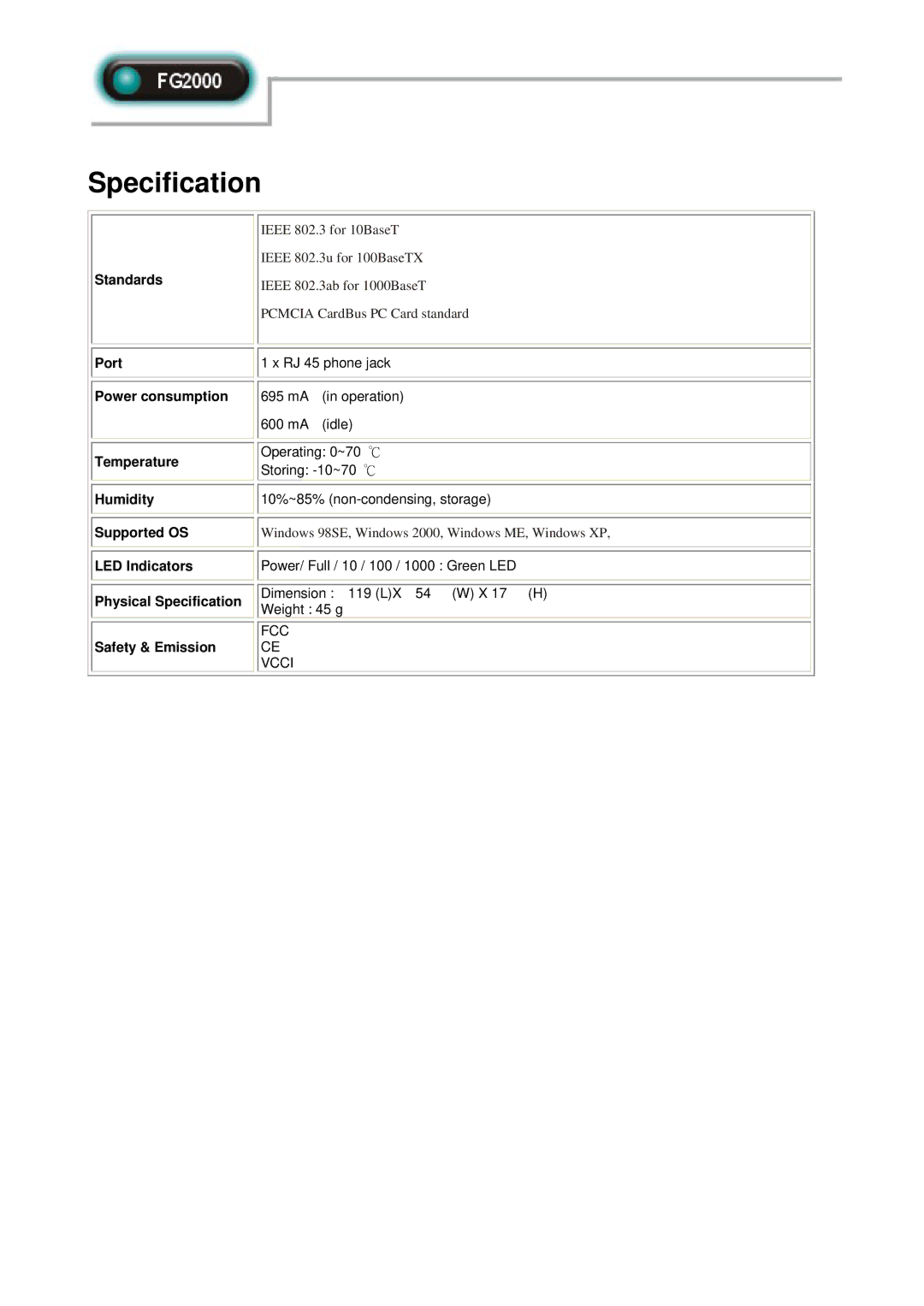 Abocom FG2000 manual Specification, Standards, Port Power consumption 