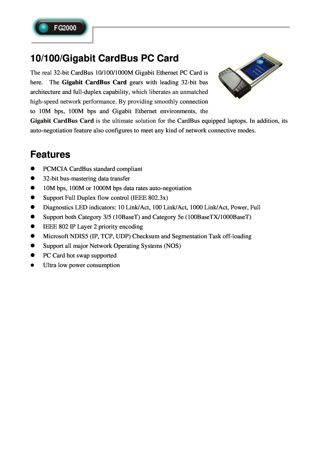 Abocom FG2000 manual 10/100/Gigabit CardBus PC Card, Features 