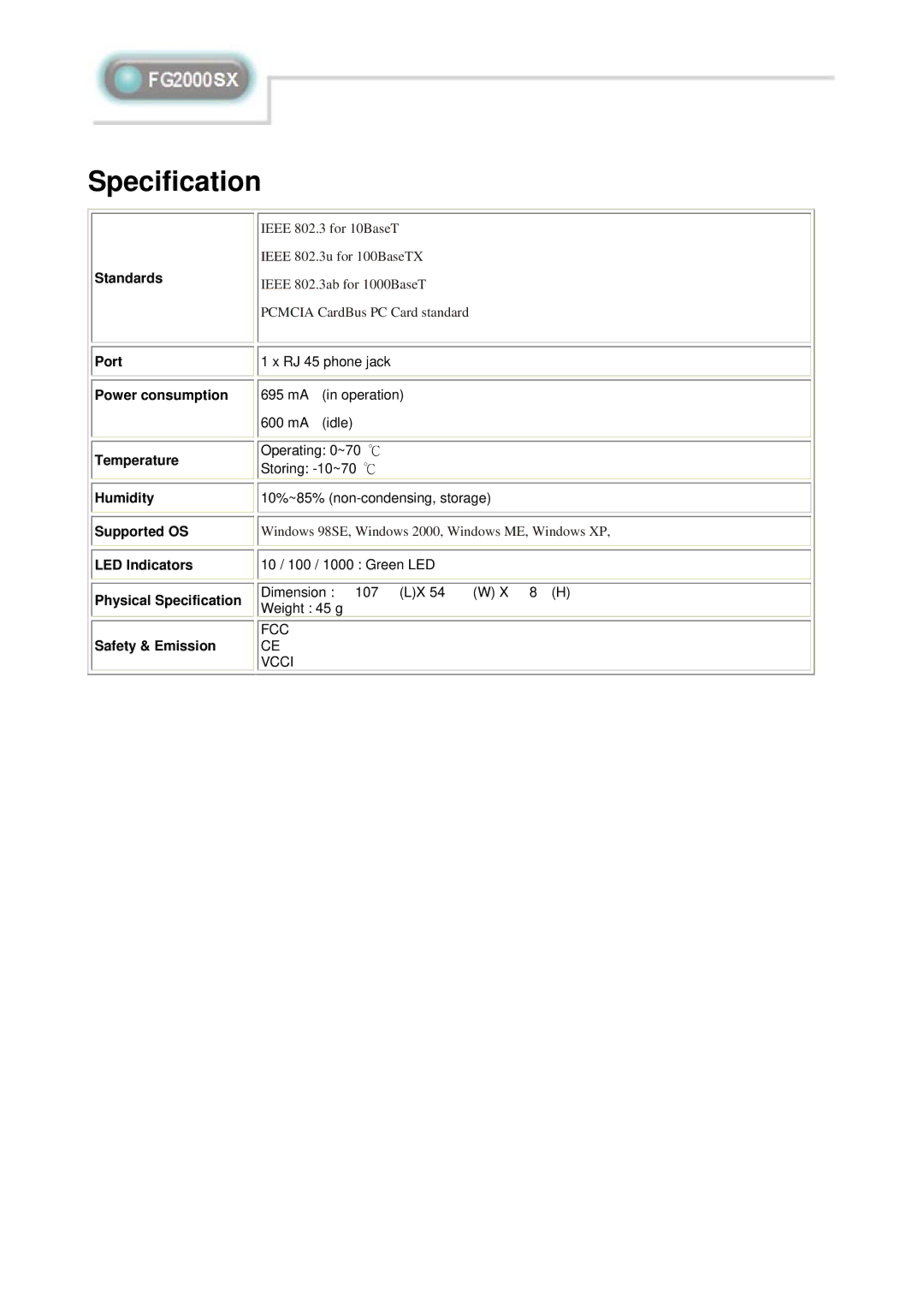 Abocom FG2000SX manual Specification, Standards, Port Power consumption 