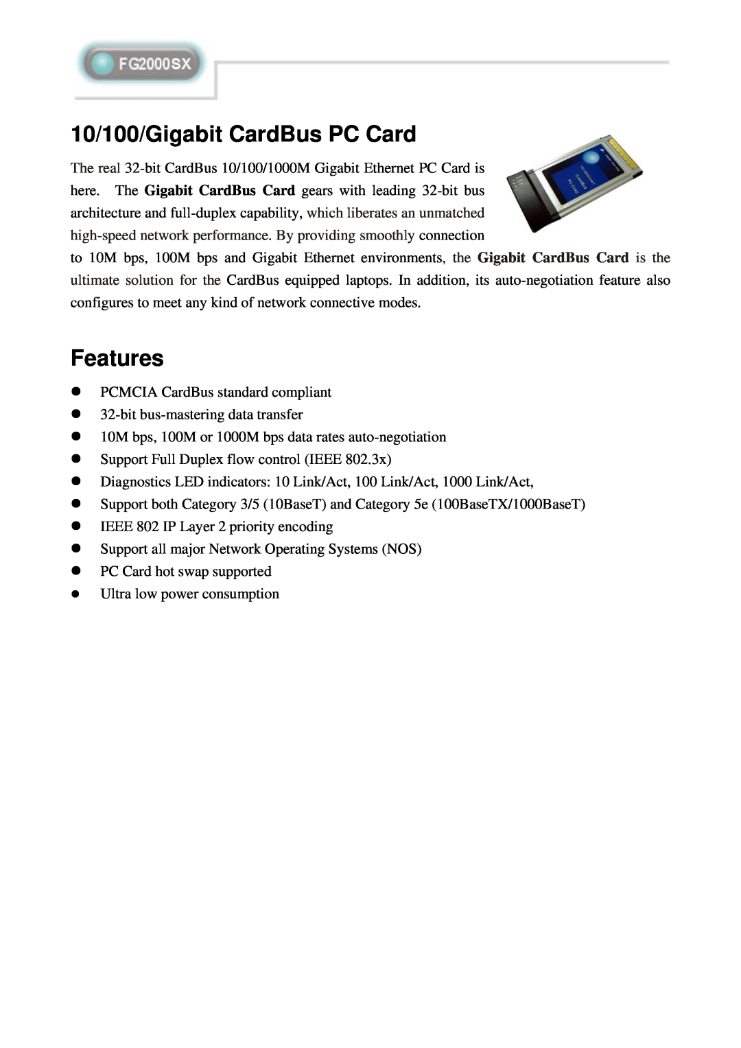 Abocom FG2000SX manual 10/100/Gigabit CardBus PC Card, Features 