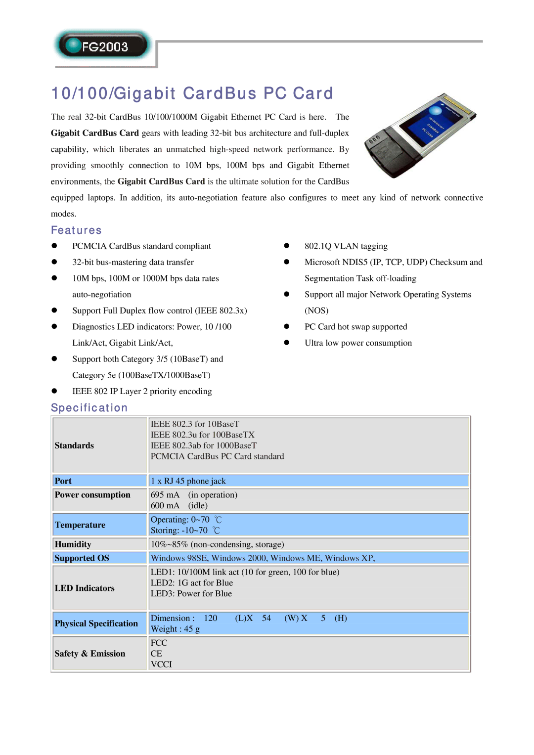 Abocom FG2003 specifications 10/100/Gigabit CardBus PC Card, Features, Specification 