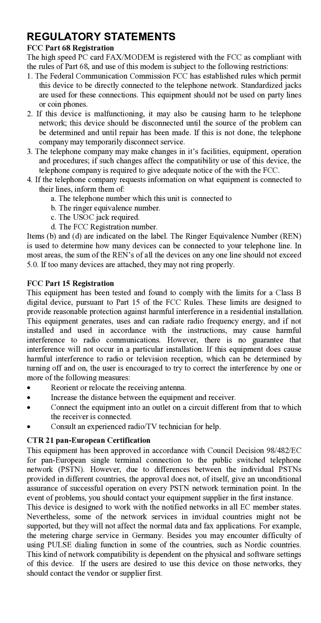 Abocom FM560C manual Regulatory Statements 