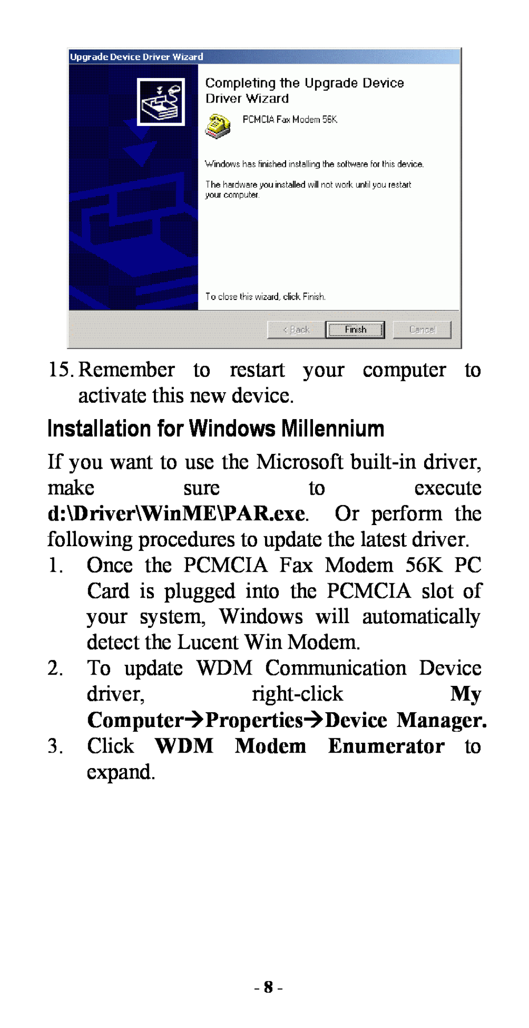 Abocom FM560C manual Installation for Windows Millennium, ComputerÆPropertiesÆDevice Manager 