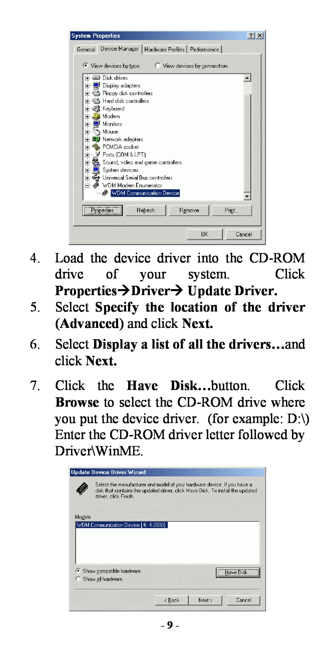 Abocom FM560C manual PropertiesÆDriverÆ Update Driver, Select Specify the location of the driver Advanced and click Next 