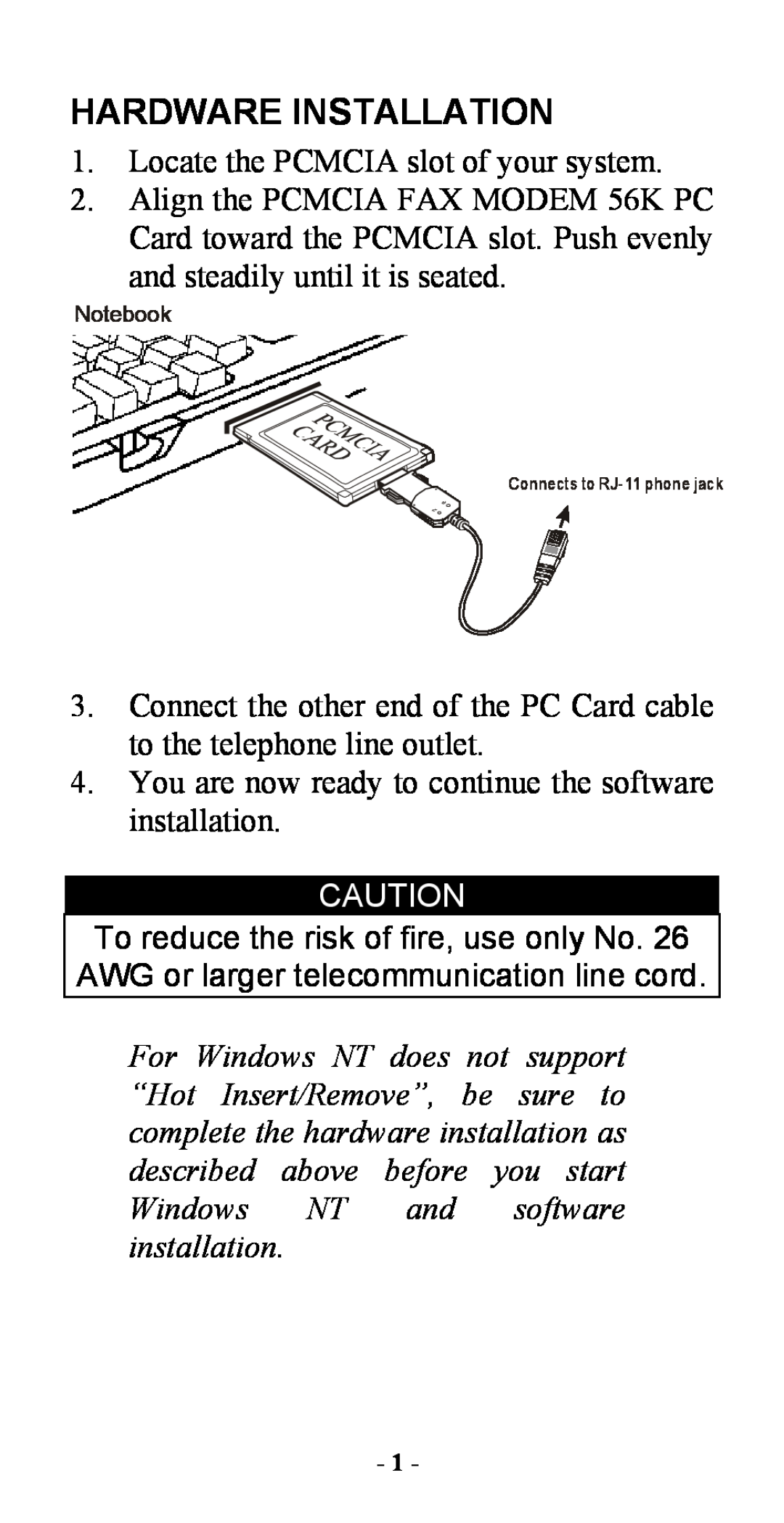 Abocom FM560C manual Hardware Installation, Windows NT and software installation 