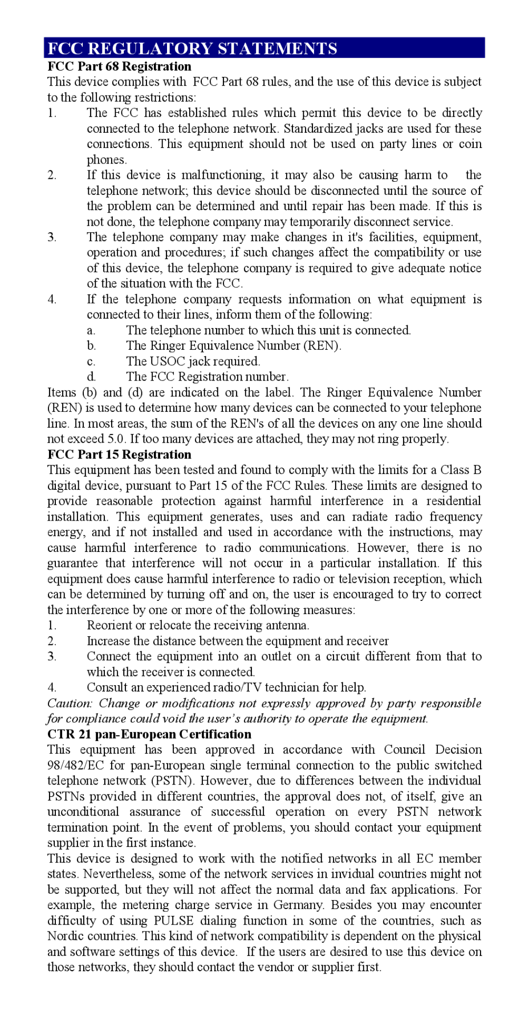 Abocom FM560MX manual FCC Regulatory Statements 