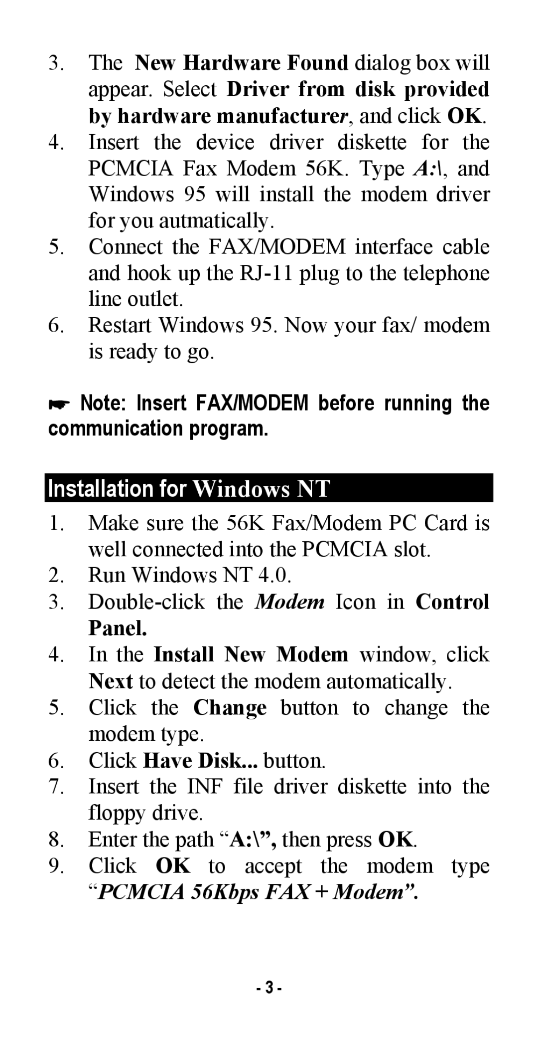 Abocom FM560MX manual Installation for Windows NT 