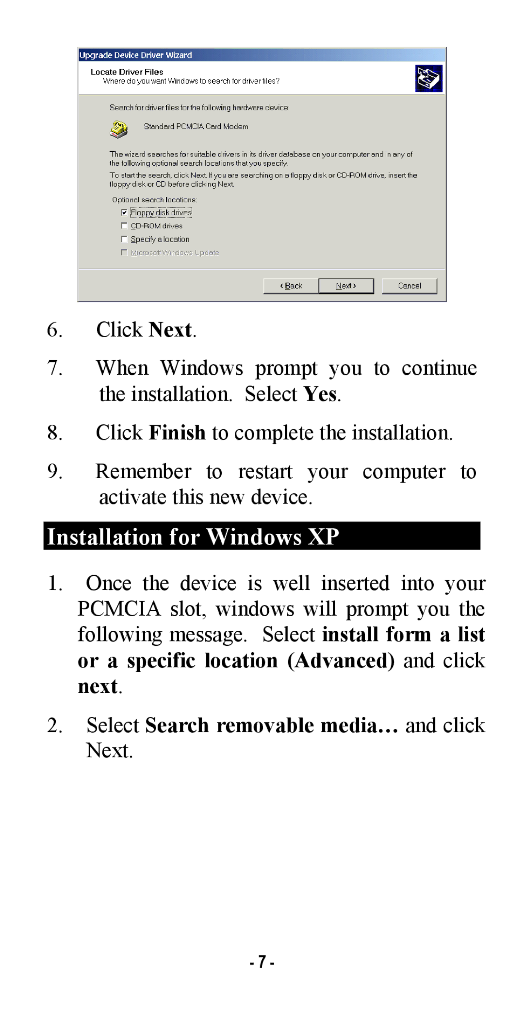 Abocom FM560MX manual Installation for Windows XP, Select Search removable media… and click Next 