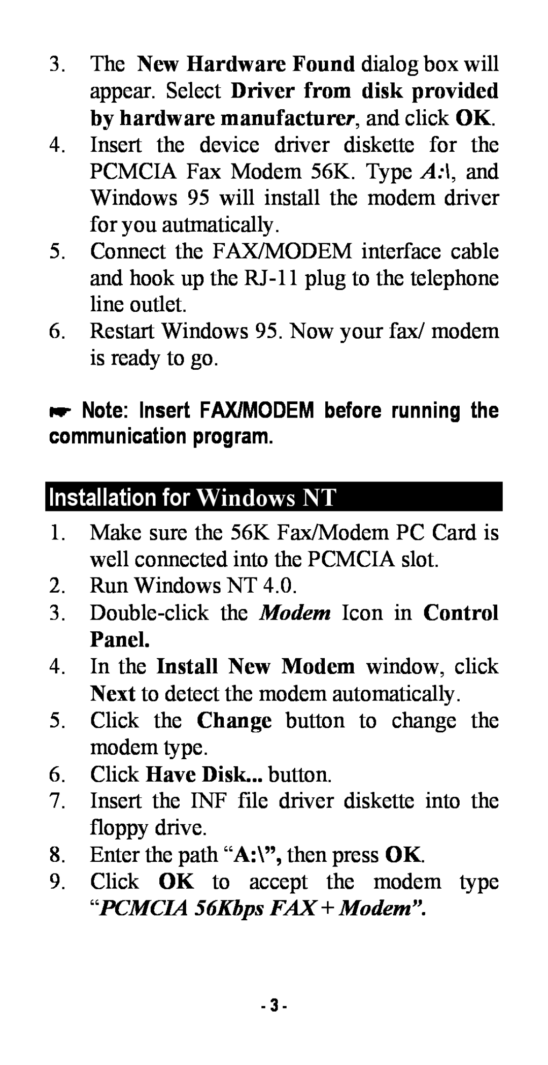 Abocom FM560MX manual Installation for Windows NT, Note Insert FAX/MODEM before running the communication program, Panel 
