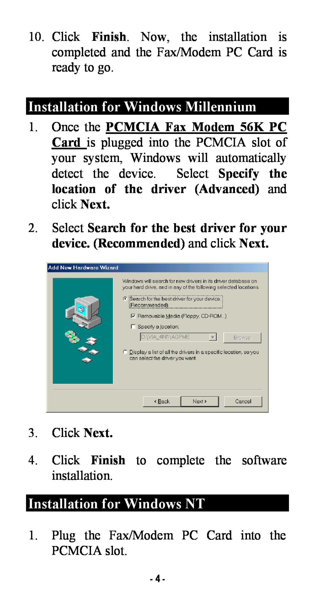 Abocom FM560MX manual Installation for Windows Millennium, Installation for Windows NT 