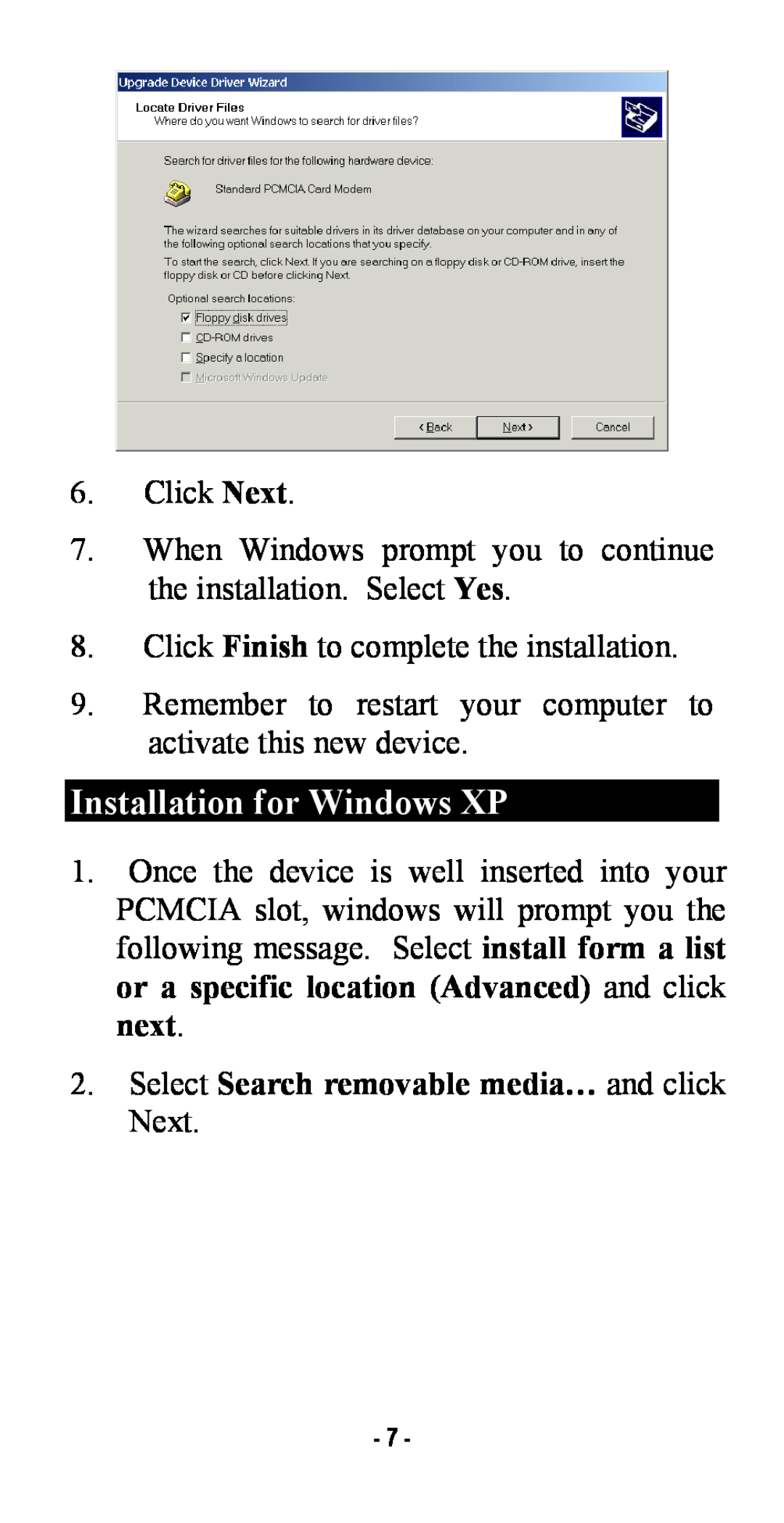 Abocom FM560MX manual Installation for Windows XP, Select Search removable media… and click Next 
