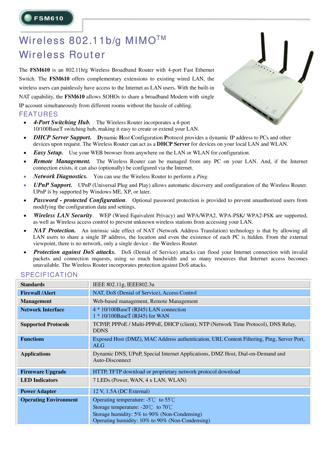 Abocom FSM610 specifications Wireless 802.11b/g Mimotm Wireless Router, Features, Specification 