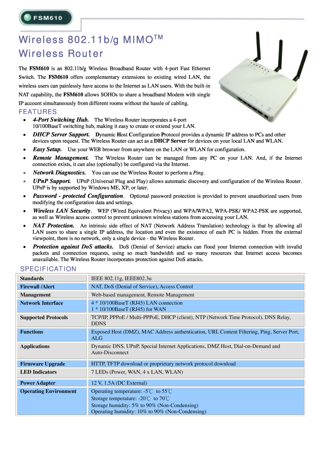 Abocom FSM610 specifications Wireless 802.11b/g MIMOTM Wireless Router, Features, Specification, Supported Protocols 