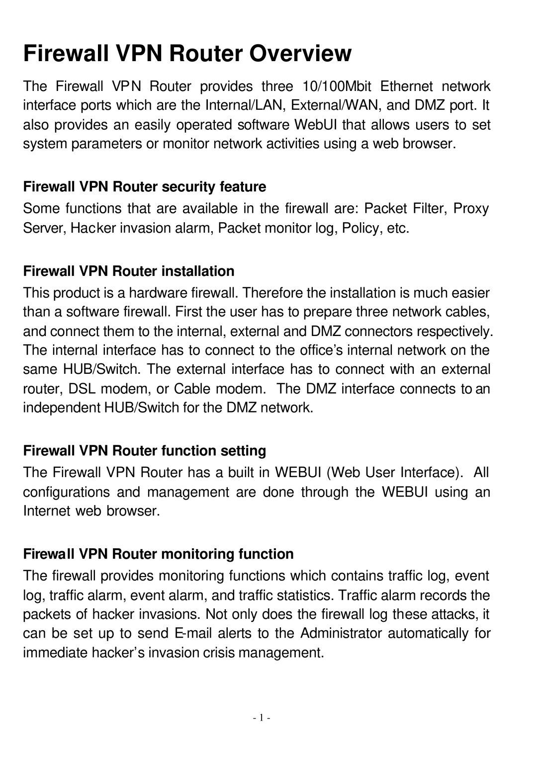 Abocom FVR206 manual Firewall VPN Router Overview, Firewall VPN Router security feature 