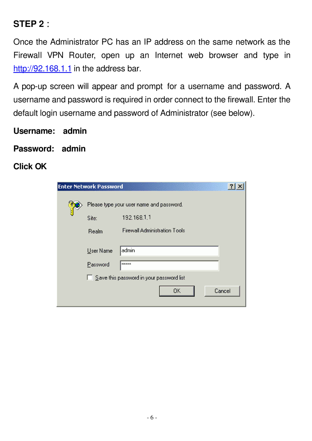 Abocom FVR206 manual Username admin Password admin Click OK 