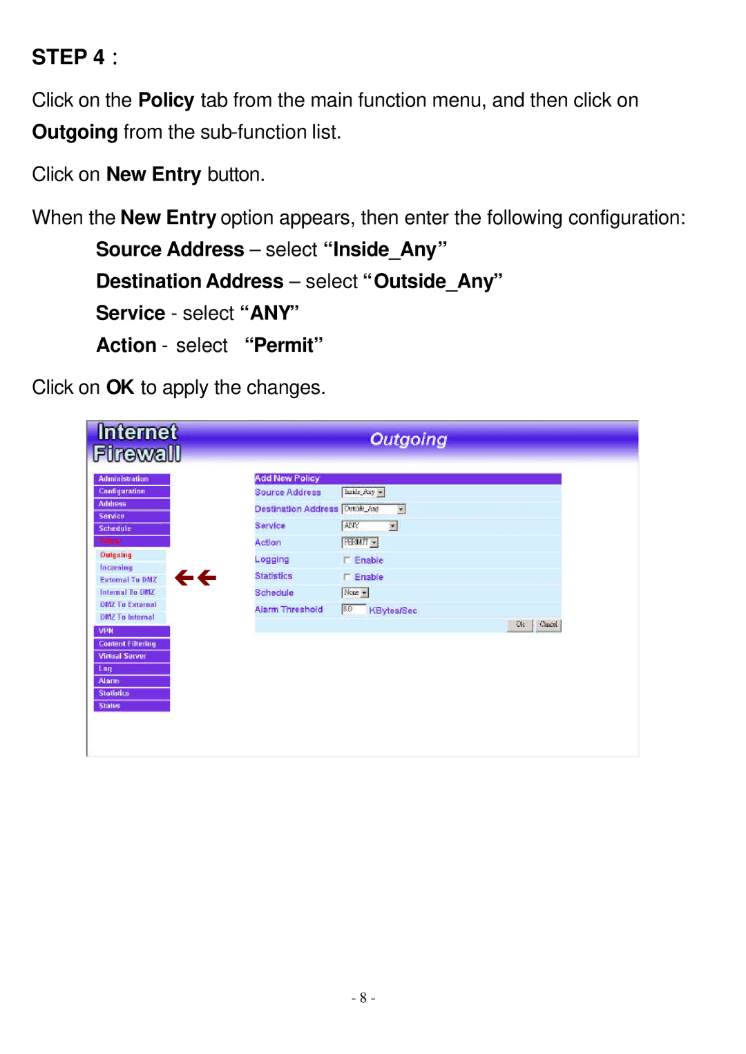 Abocom FVR206 manual Click on OK to apply the changes 