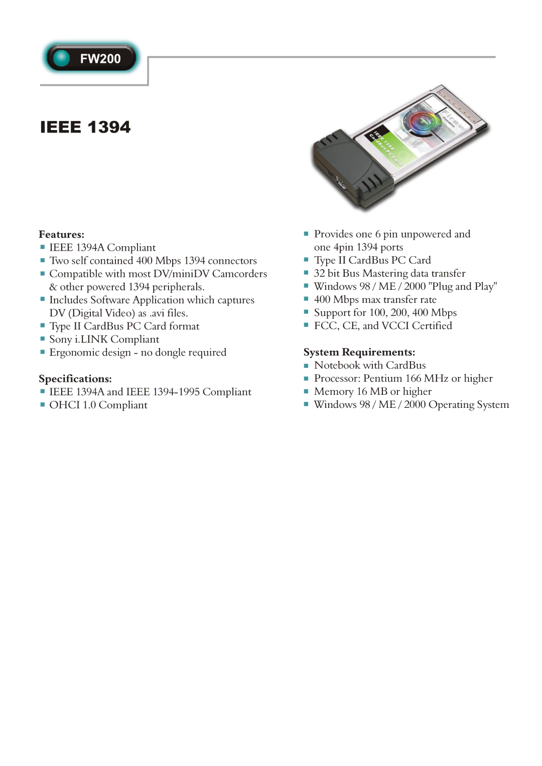 Abocom FW200 specifications Ieee, Features, Specifications, System Requirements 