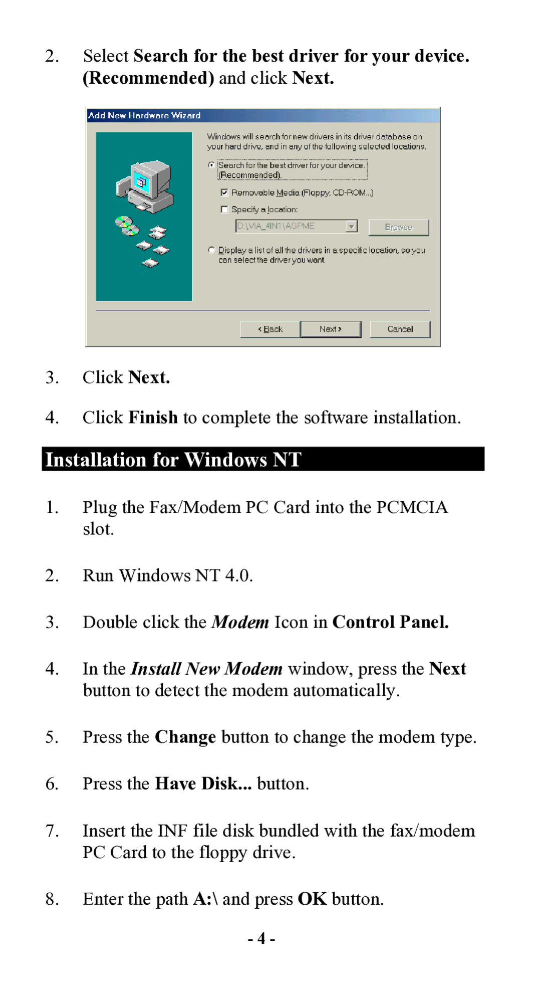 Abocom GFM560 manual Installation for Windows NT 