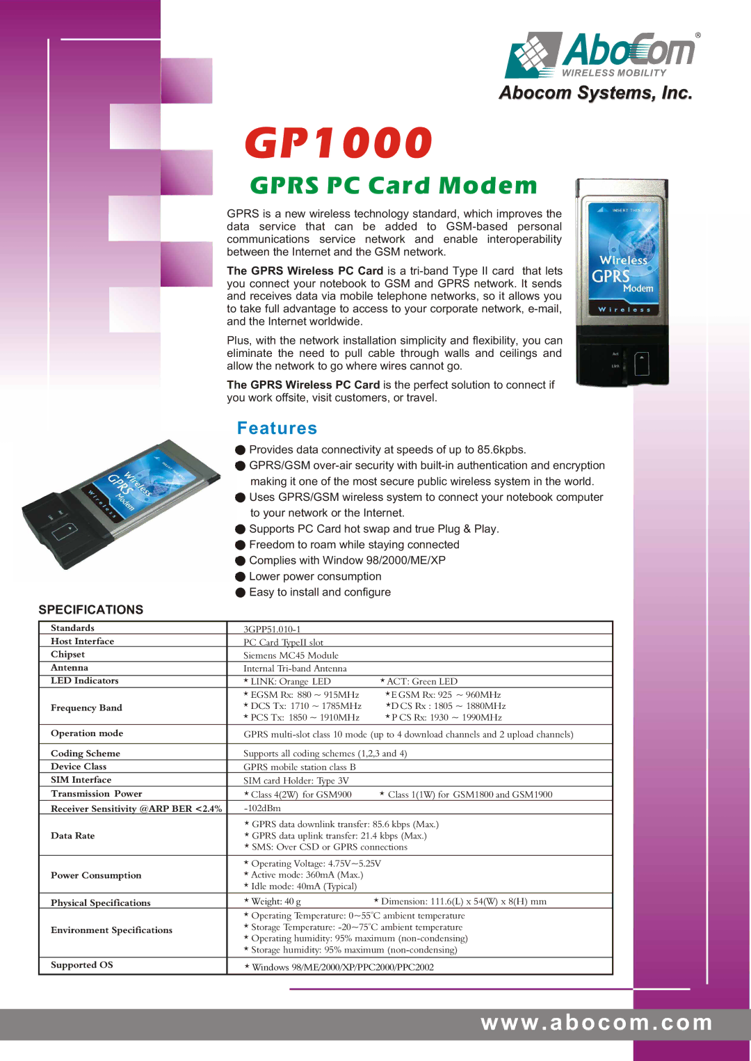 Abocom GP1000DM specifications Gprs PC Card Modem, Features, Specifications 