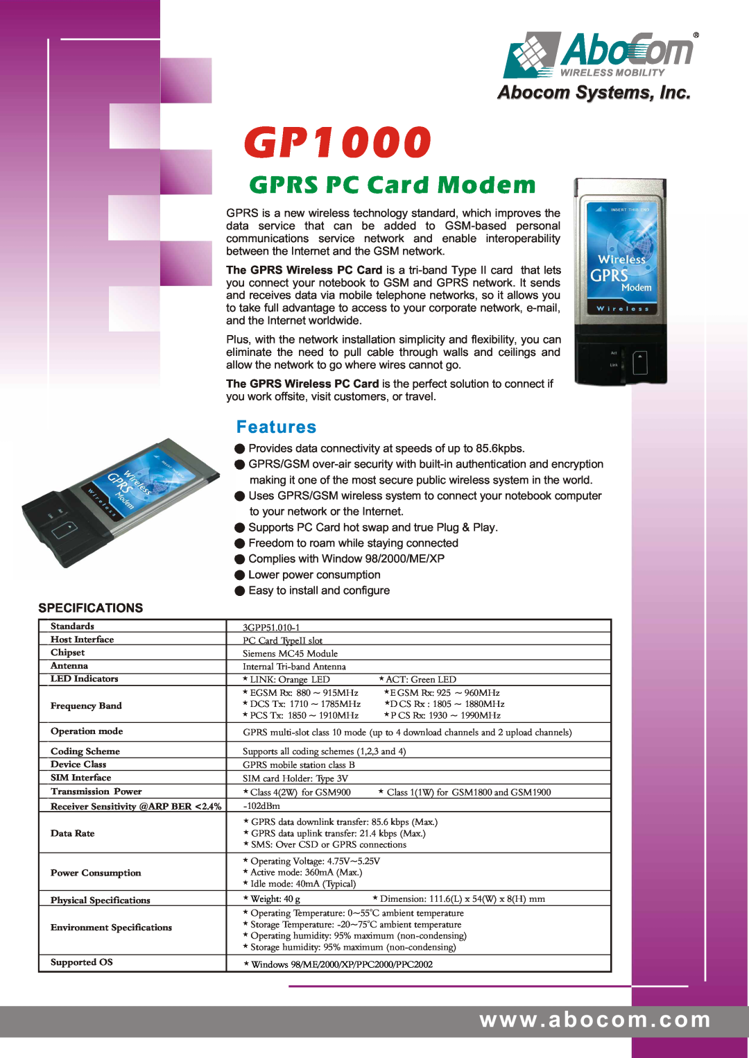 Abocom GP1000DM specifications GPRS PC Card Modem, w w w . a b o c o m . c o m, Features, Specifications 