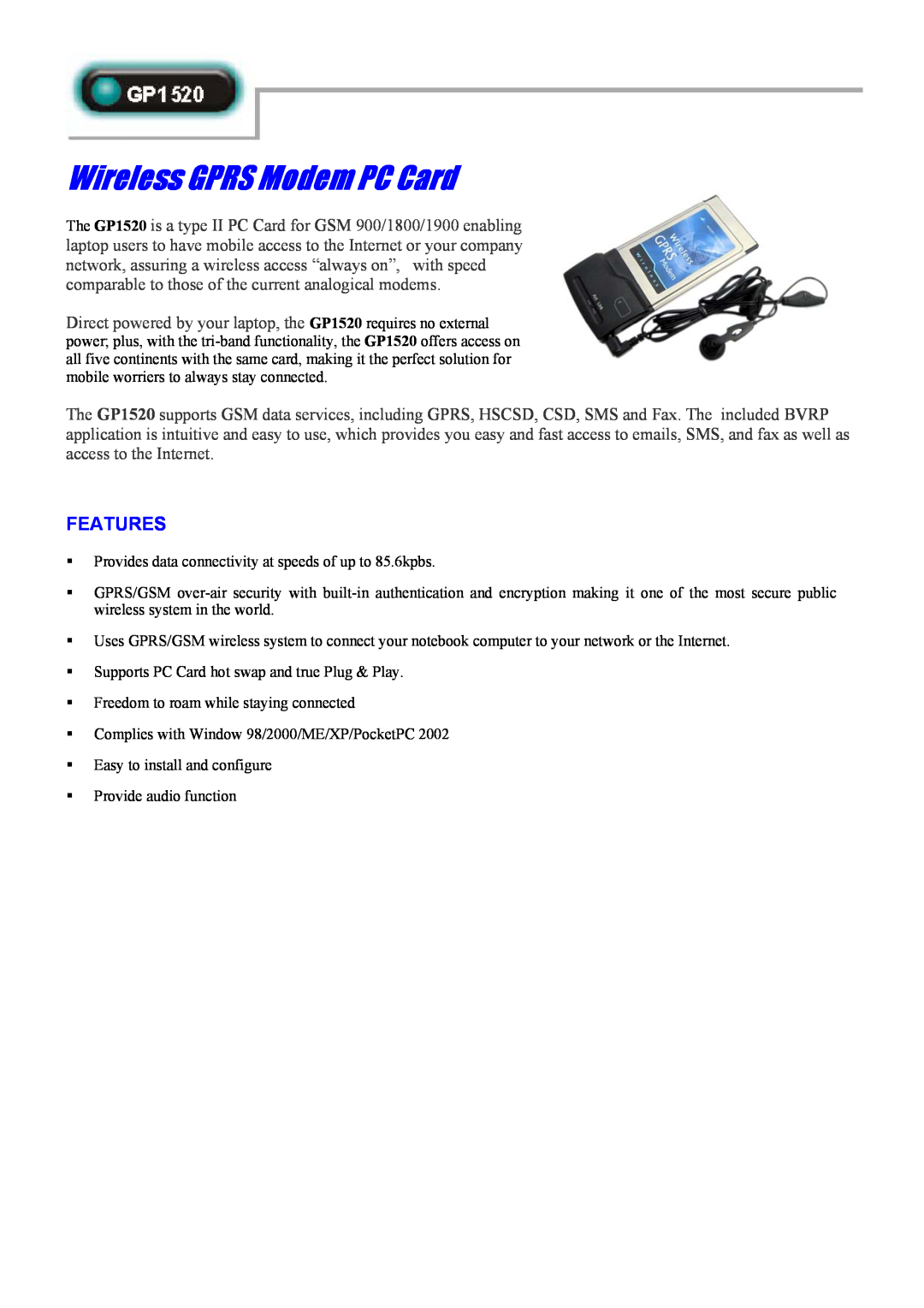 Abocom GP1520 manual Features, Wireless GPRS Modem PC Card 
