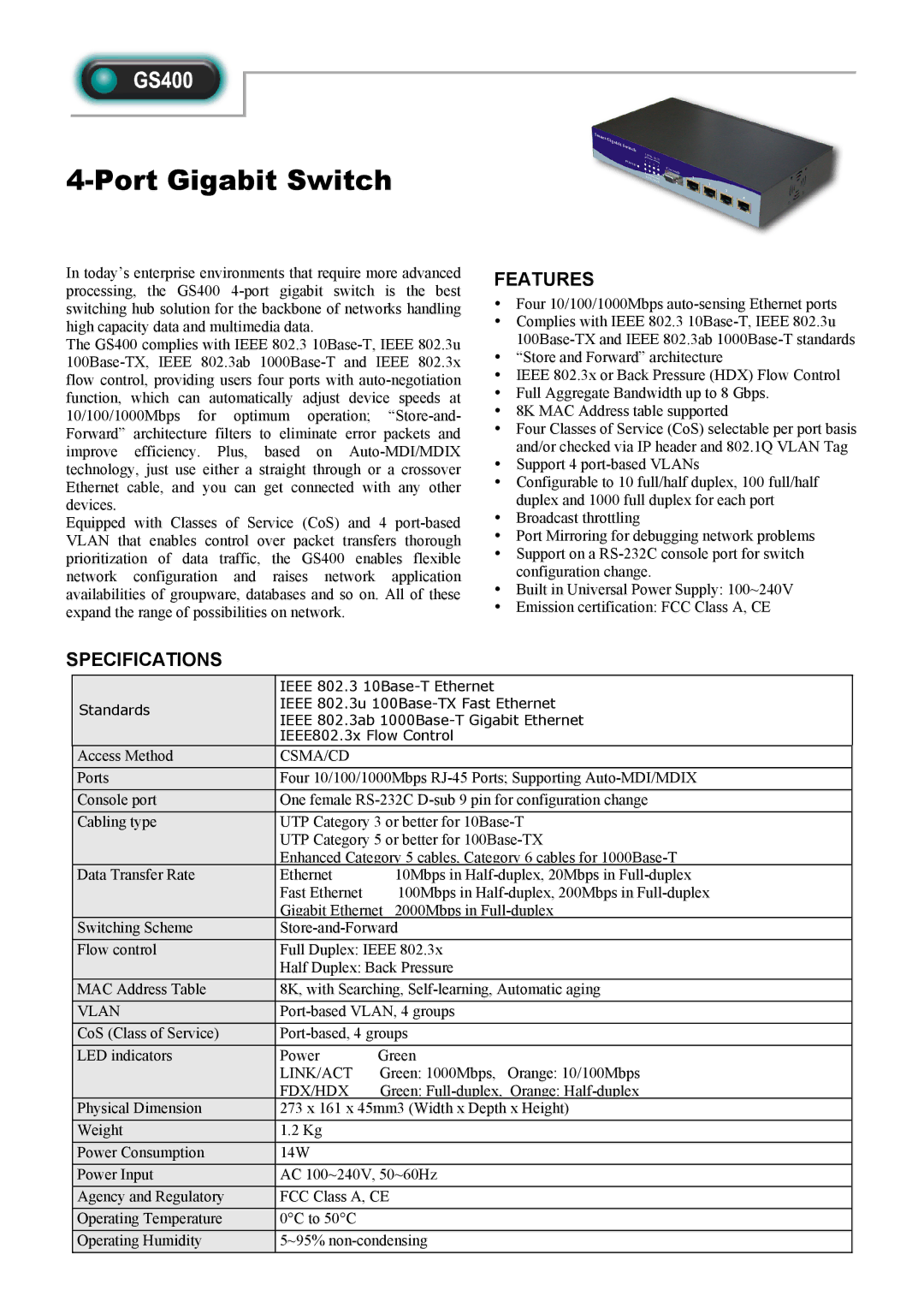 Abocom GS400 manual Port Gigabit Switch, Features, Specifications 