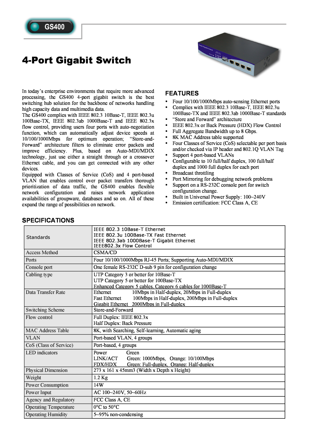 Abocom GS400 manual Port Gigabit Switch, Features, Specifications 