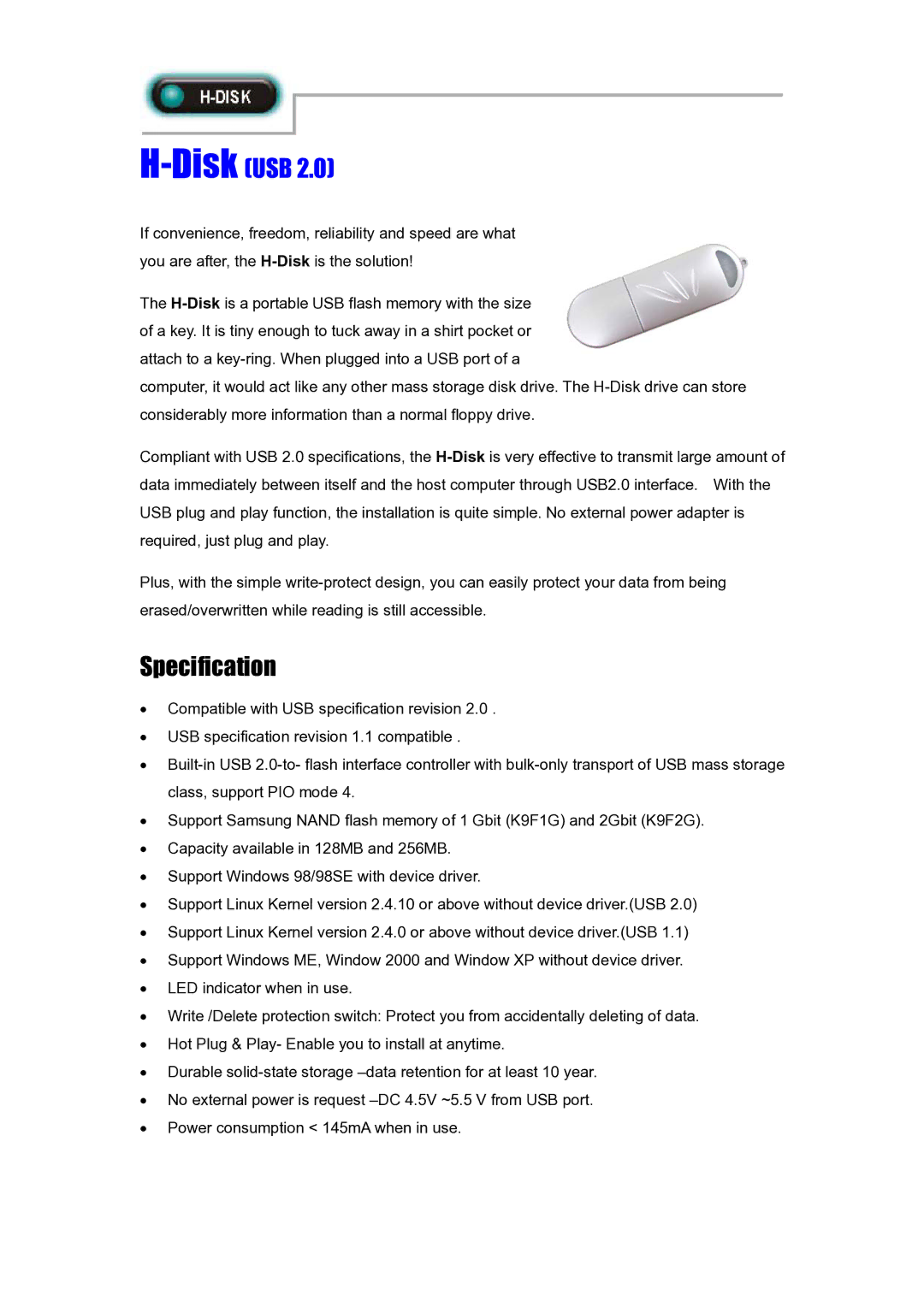 Abocom H-Disk specifications DiskUSB, Specification 