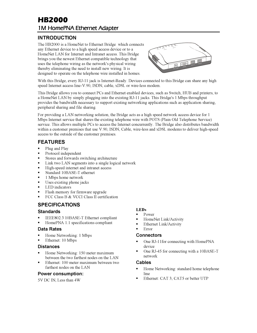 Abocom HB2000 specifications 1M HomePNA Ethernet Adapter, Introduction, Features, Specifications 