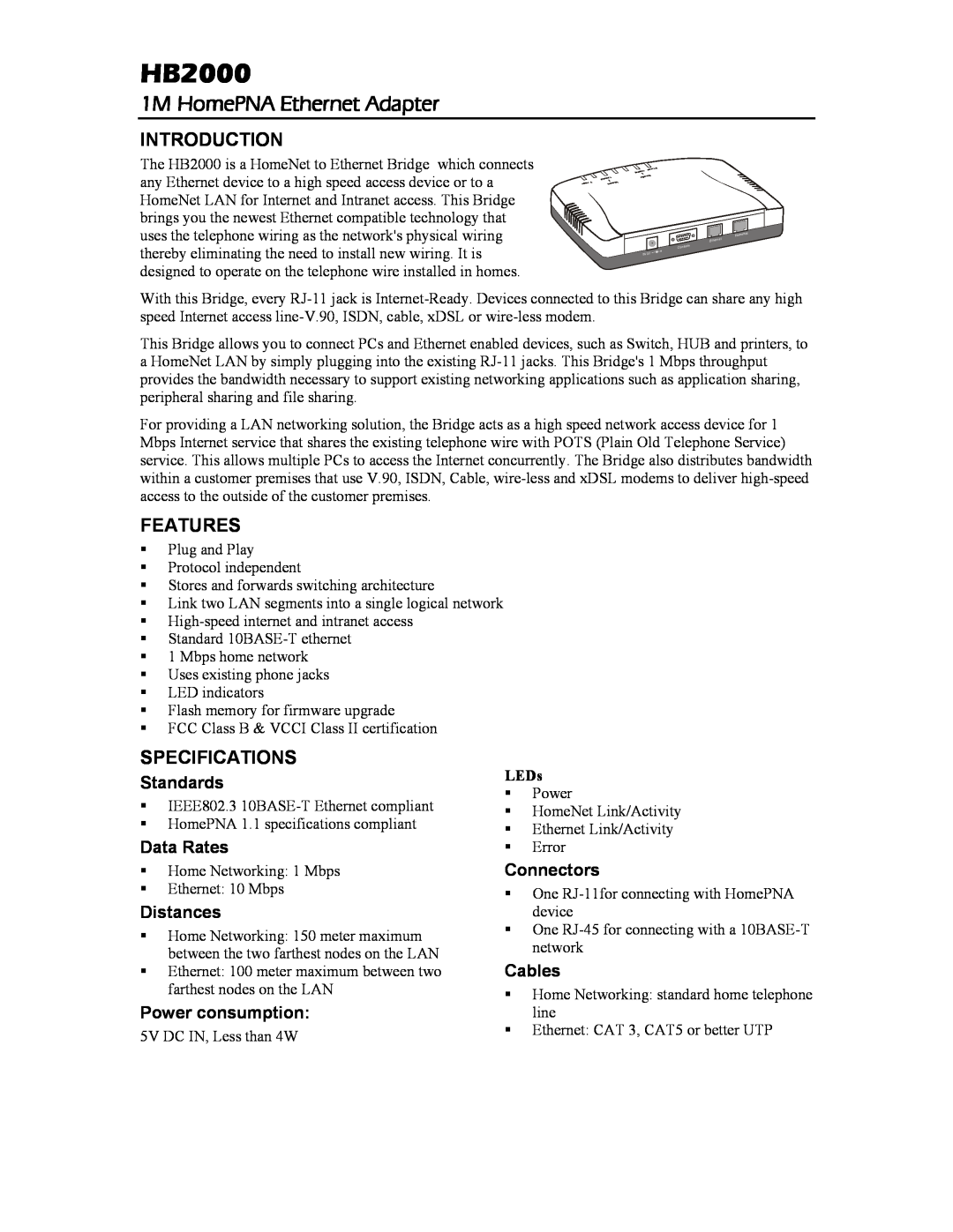 Abocom HB2000 specifications 1M HomePNA Ethernet Adapter, Introduction, Features, Specifications, Standards, Data Rates 