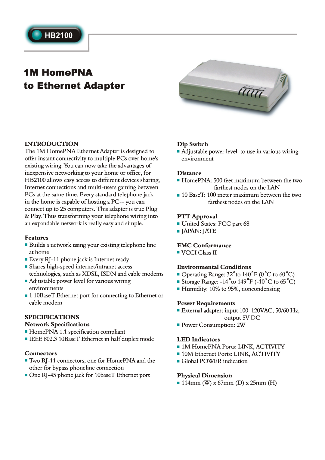 Abocom HB2100 specifications 1M HomePNA to Ethernet Adapter 