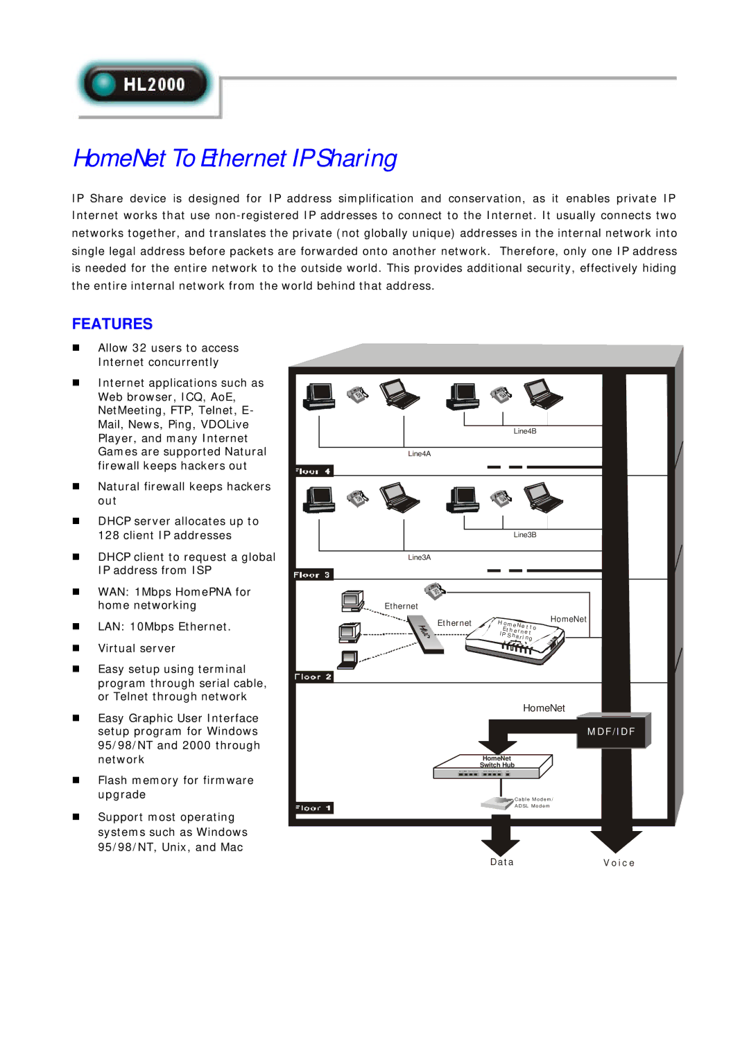 Abocom HL2000 manual HomeNet To Ethernet IP Sharing, Features, Entire internal network from the world behind that address 