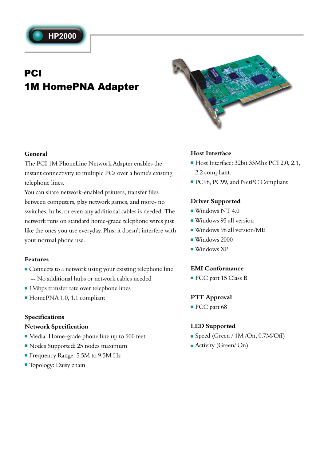 Abocom HP2000 specifications Pci, 1M HomePNA Adapter 