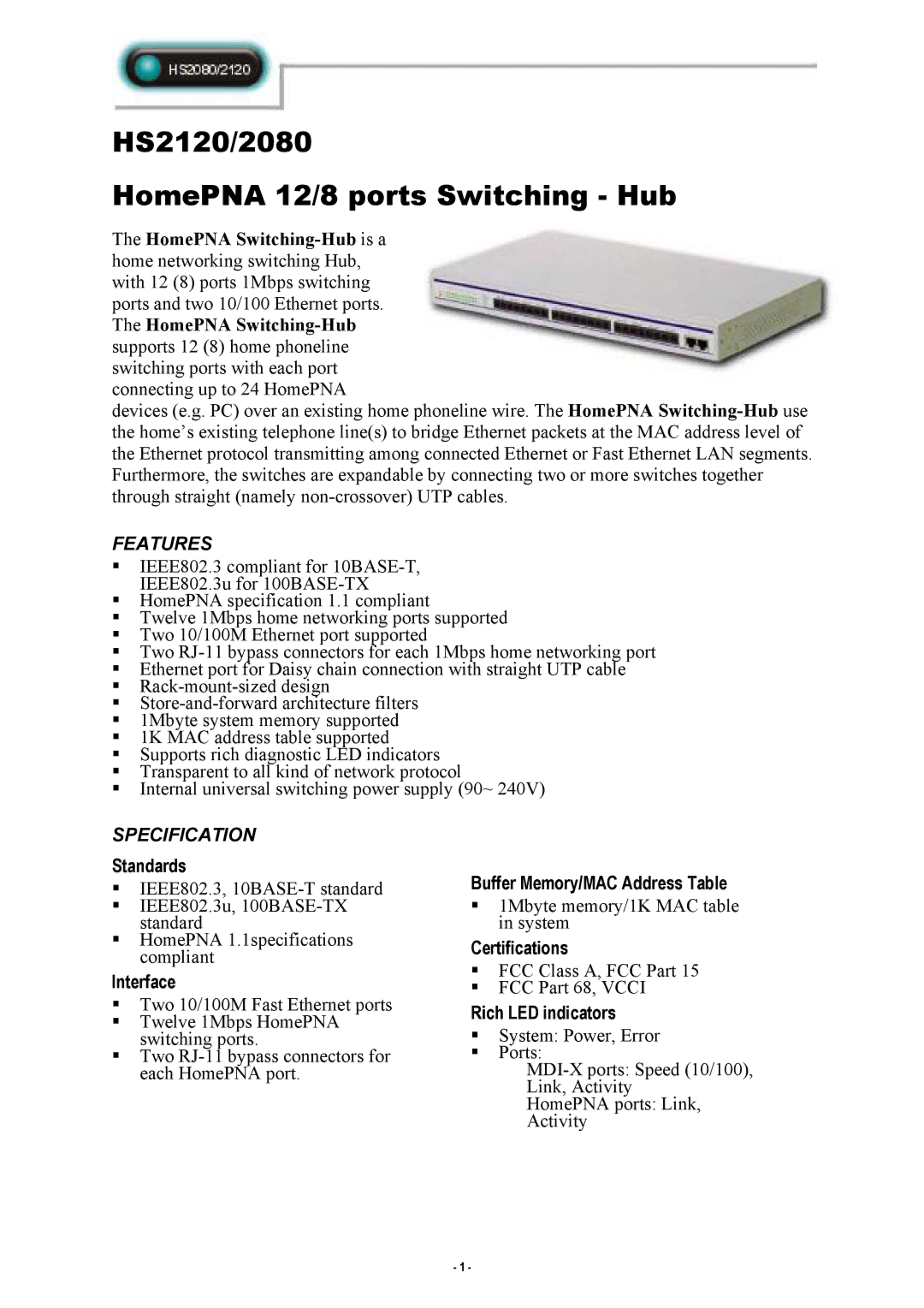 Abocom HS2080 specifications HS2120/2080 HomePNA 12/8 ports Switching Hub, Features, Specification 