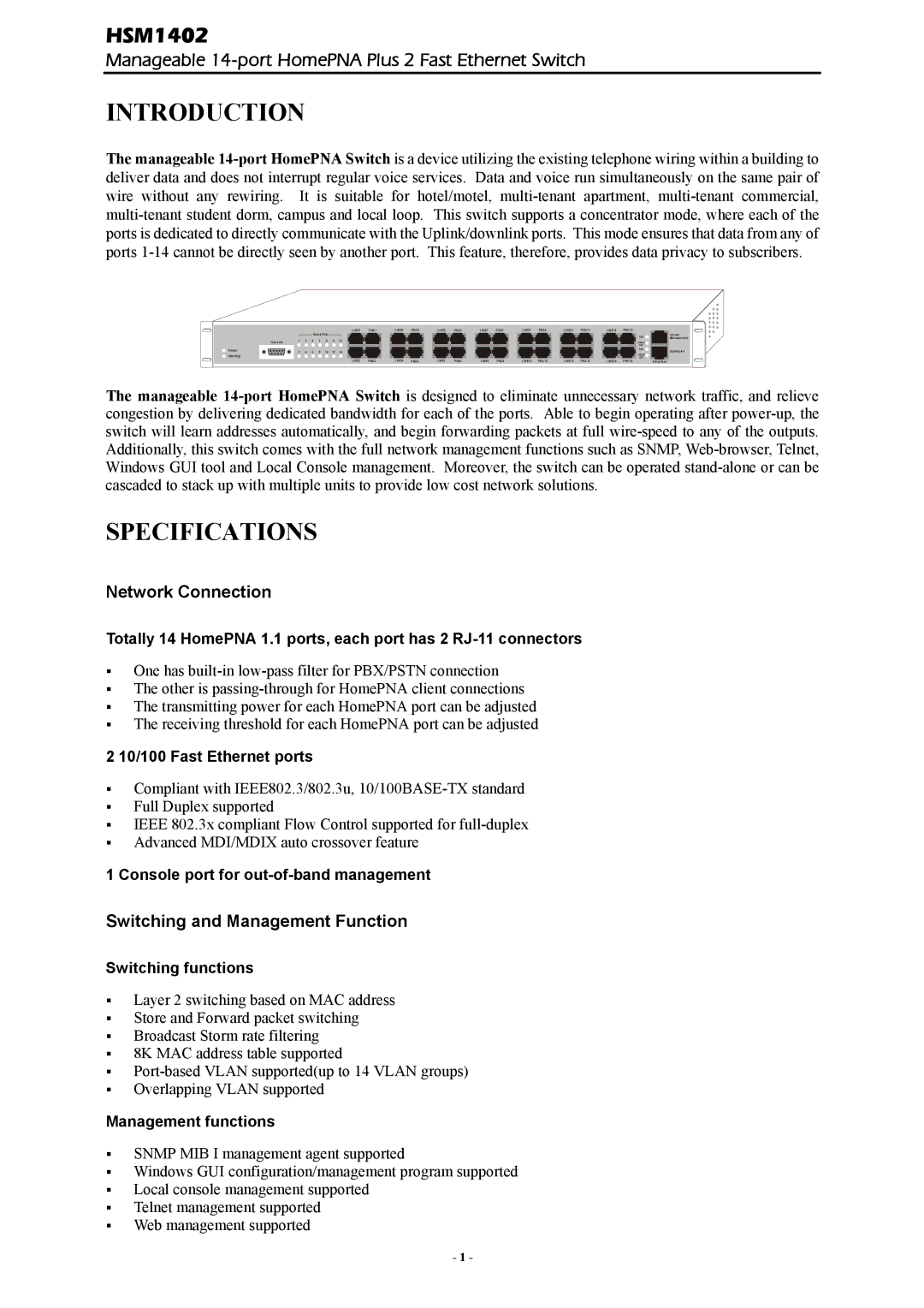 Abocom HSM1402 specifications Introduction, Specifications, Network Connection, Switching and Management Function 