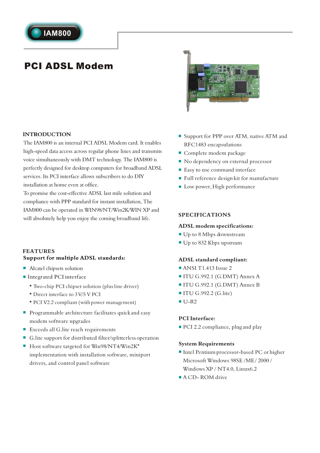 Abocom IAM800 specifications PCI Adsl Modem, Introduction, Features, Specifications 