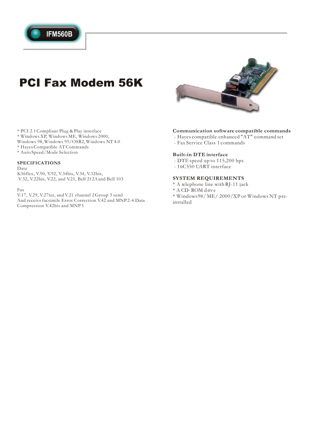 Abocom IFM560B specifications PCI Fax Modem 56K, System Requirements, Specifications 