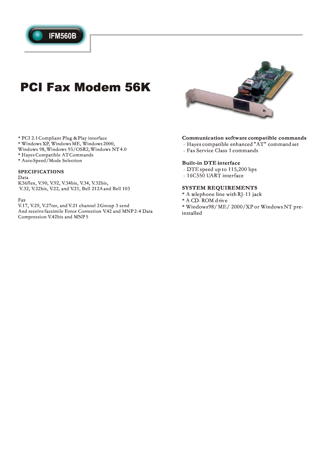 Abocom IFM560B specifications PCI Fax Modem 56K, Communication software compatible commands, Built-in DTE interface 