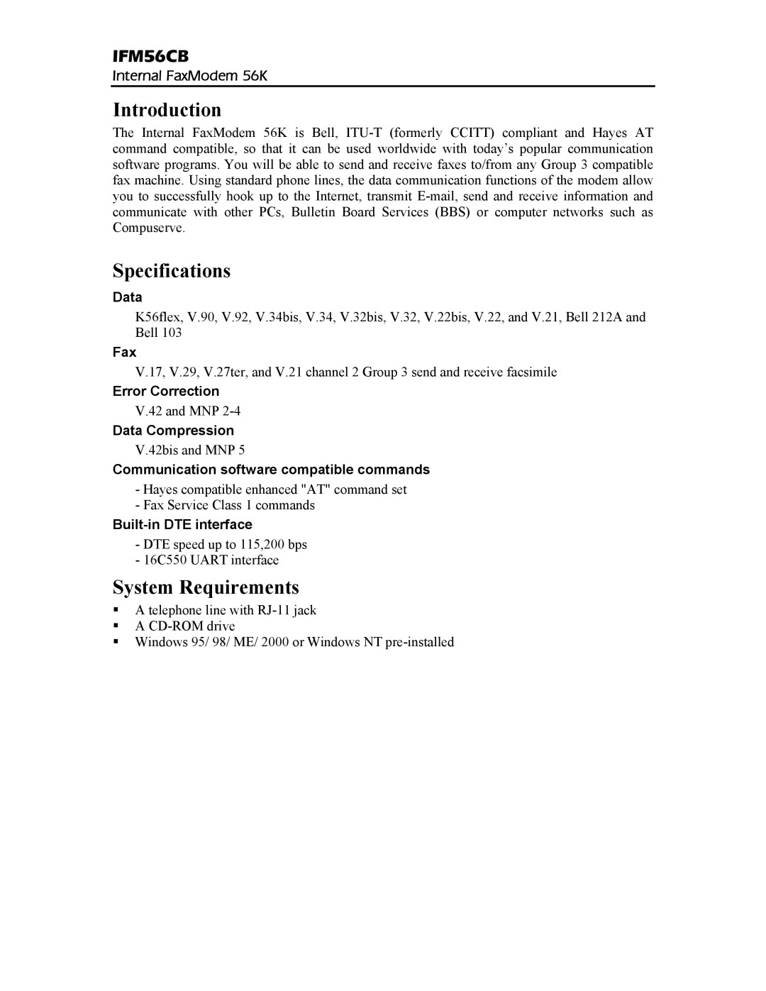 Abocom IFM56CB specifications Introduction, Specifications, System Requirements 