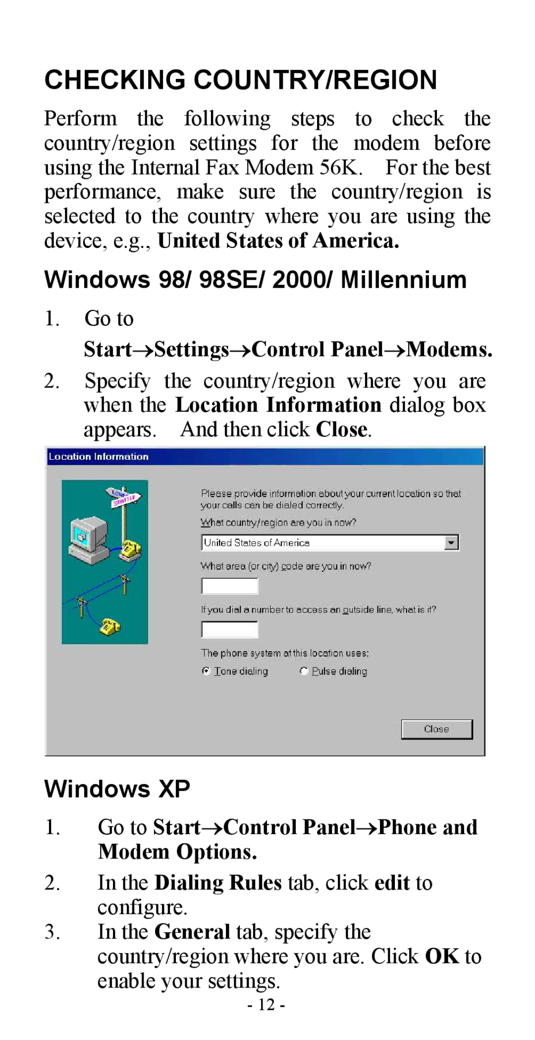 Abocom ISM56CL manual Checking COUNTRY/REGION, Windows 98/ 98SE/ 2000/ Millennium, Windows XP 